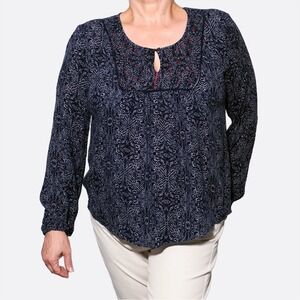 Velvet by Graham & Spencer Navy White Embroidered Viscose Peasant Blouse Sz 0X L